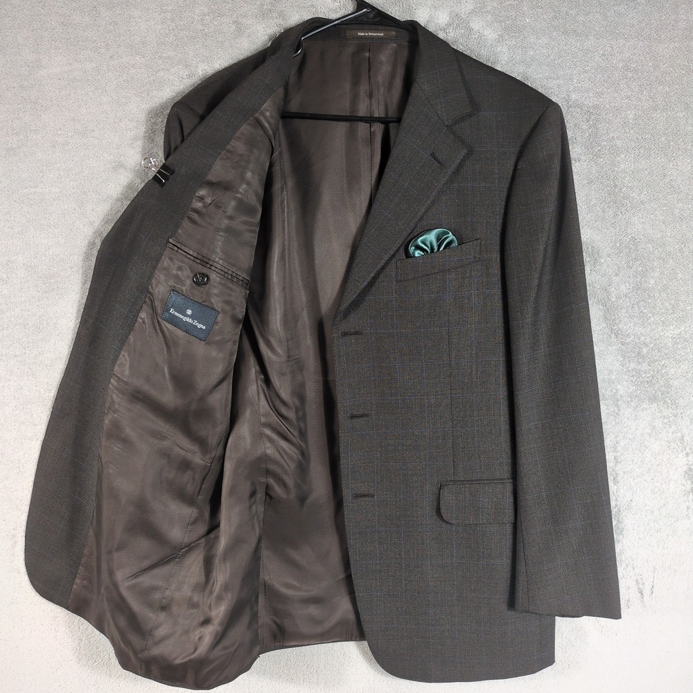 Ermenegildo Zegna Mens Brown‎ Blue Windowpane 100% Wool 3 Button Blazer 46R - Picture 3 of 16